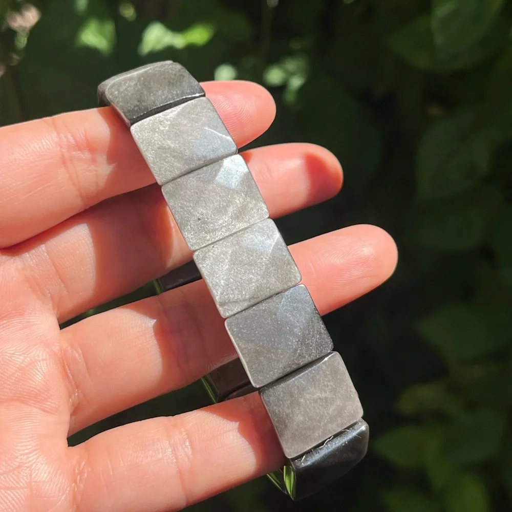 Stretchable‎ faceted silver obsidian soft bangle